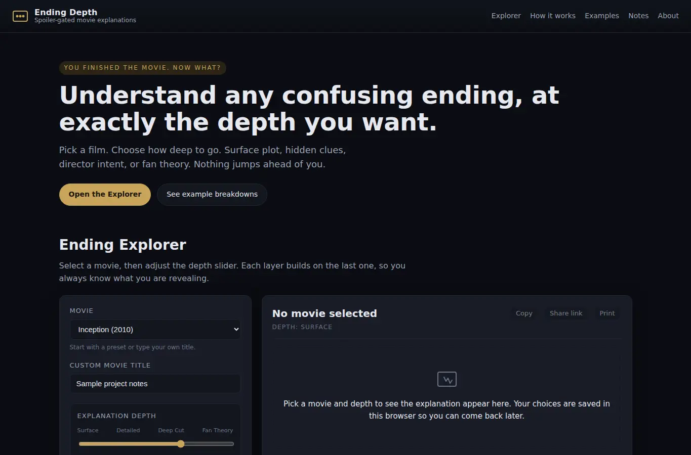 Screenshot of Movie Ending Explainer Depth interface showing the project page in use